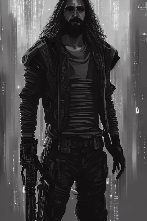 Image similar to a full length portrait of cyberpunk jesus, grim - lighting, high - contrast, intricate, elegant, highly detailed, digital painting, artstation, concept art, smooth, sharp focus, illustration