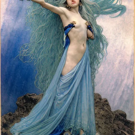 Prompt: half - length portrait of a female lightning genasi with blue skin and white hair made of sirrus clouds, wearing billowing white robes, holding a bolt of lighting, medieval, fantasy, d & d, luis royo, klimt, alphonse mucha