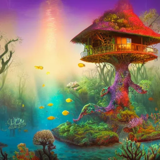 Image similar to fancy treehouse mansion built in coral underwater reef landscape detailed luminescent magical realism 4 k painting