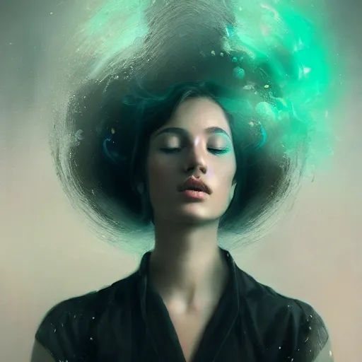 Prompt: a hyperdetailed portrait matte paitning of a beautiful woman blowing iridescent smoke depicted as a nebulous explosion, by vanessa lemen by charlie bowater by ross tran by beeple
