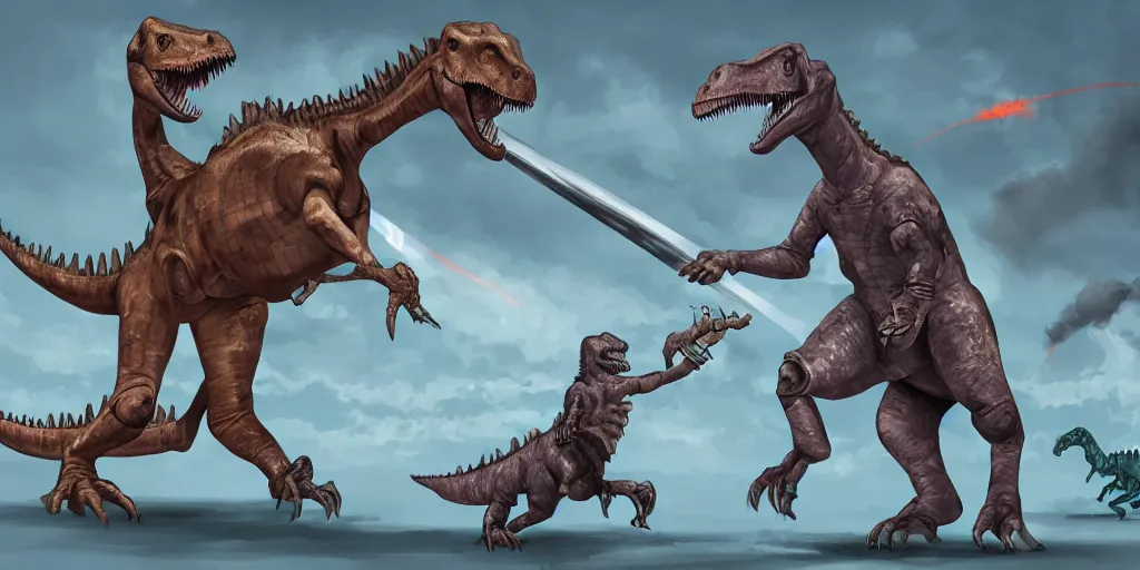 Prompt: dinosaur in a sword duel with a robot, fantasy setting, digital art