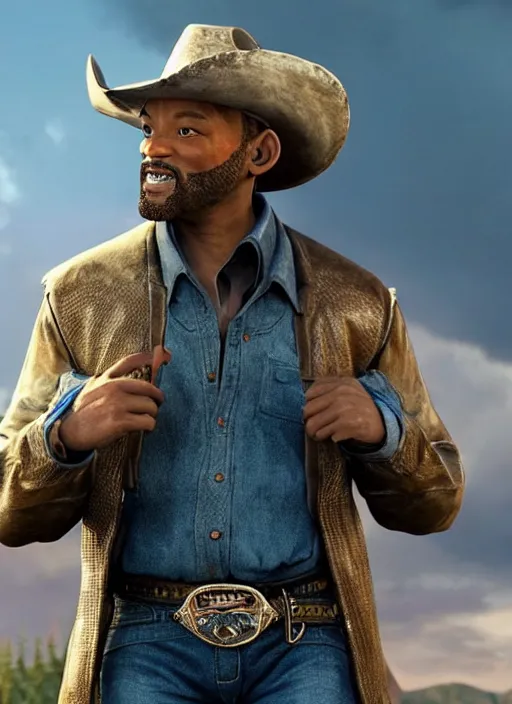 Image similar to an film still of will smith as cowboy with beard, western background, unreal engine. amazing likeness. very detailed.