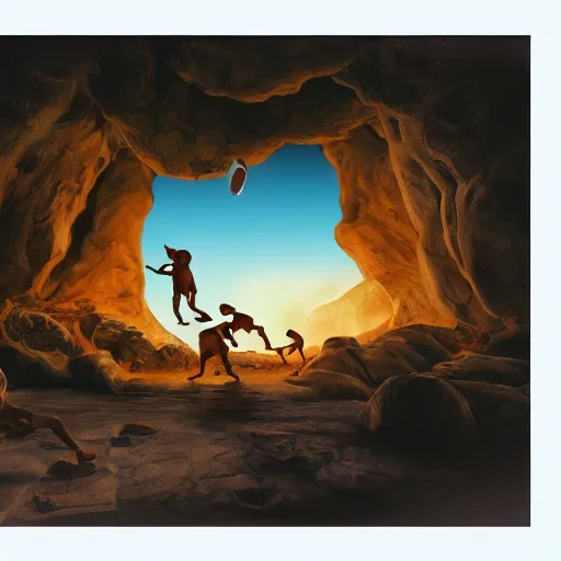 Prompt: matte painting of cavemen playing basketball inside cave at night, cave lit by torch light, stalagmites