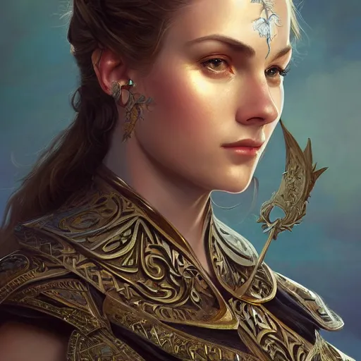 Image similar to portrait of Emma watsson in armor, D&D, fantasy, intricate, elegant, highly detailed, digital painting, artstation, concept art, smooth, sharp focus, illustration, art by artgerm and greg rutkowski and alphonse mucha