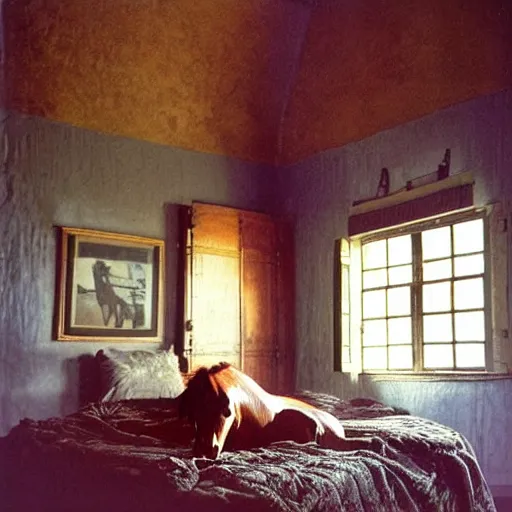 Prompt: bedroom photo of a horse, by Annie Leibovitz