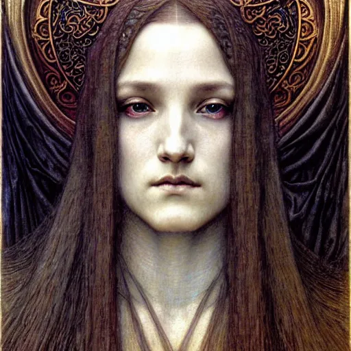 Image similar to detailed realistic beautiful young medieval queen face portrait by jean delville, gustave dore and marco mazzoni, art nouveau, symbolist, visionary, gothic, pre - raphaelite