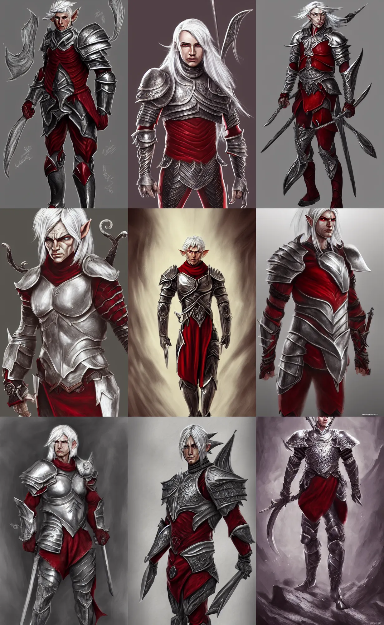 Prompt: A full body illustration of a male elf, silver hair, red eyes, wearing heavy armor, muscular, attractive, command presence, royalty, weathered face, gritty, hard shadows, smooth, illustration, concept art, highly detailed, muscle definition, ArtStation, ArtStation HQ