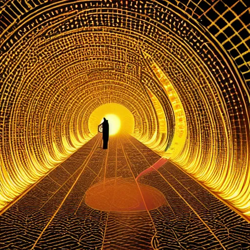 Image similar to vivid illustration of a person choosing between tunnels inside a highly intricate torus with detailed golden ornamentation and golden light, choosing between pathways