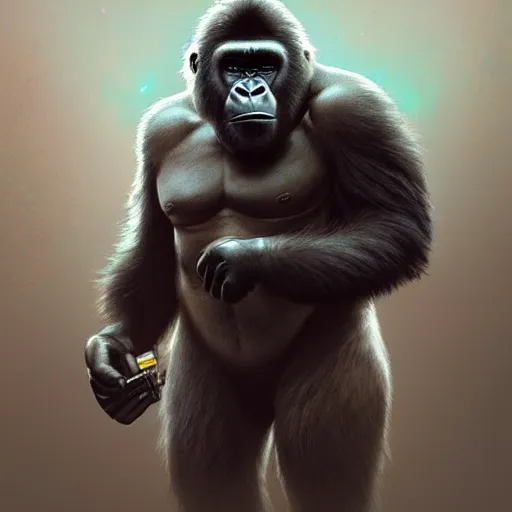 Image similar to detailed science - fiction character portrait of a gorilla with a gun, wild, highly detailed, digital painting, artstation, concept art, smooth, sharp focus, illustration, art by artgerm and greg rutkowski and alphonse mucha