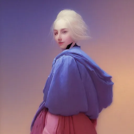 Image similar to young woman's face, her hair is white and she wears a cobalt blue satin cloak, by ivan aivazovsky and syd mead and moebius and gaston bussiere and roger dean and wojciech siudmak and pieter claesz and paul delaroche and alma tadema and aelbert cuyp, hyperrealistic, volumetric light, octane render