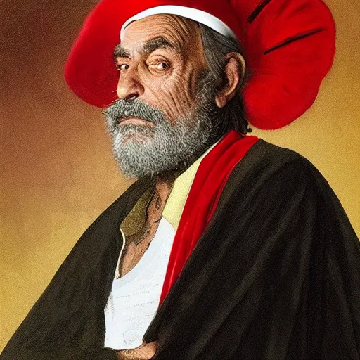 Image similar to realism portrait King Tommy Chong wears an officer uniform whilst wearing a red velvet cape and golden crown anna podedworna arkhip kuindzhi raphael lacoste guillem h. pongiluppi grisaille