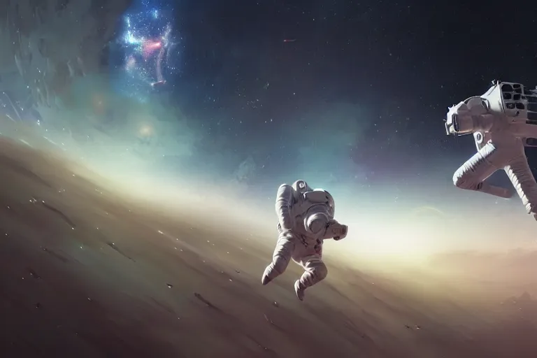 Image similar to astronaut chasing a distant spaceship Anime, wide angle, fine details, cinematic. galaxy starscape. realistic shaded lighting by Ilya Kuvshinov Giuseppe Dangelico Pino and Michael Garmash and Rob Rey greg rutkowski, octane render, IAMAG premiere, aaaa achievement collection, elegant freckles, cinematic hologram, fabulous, daily deviation, annual award winner