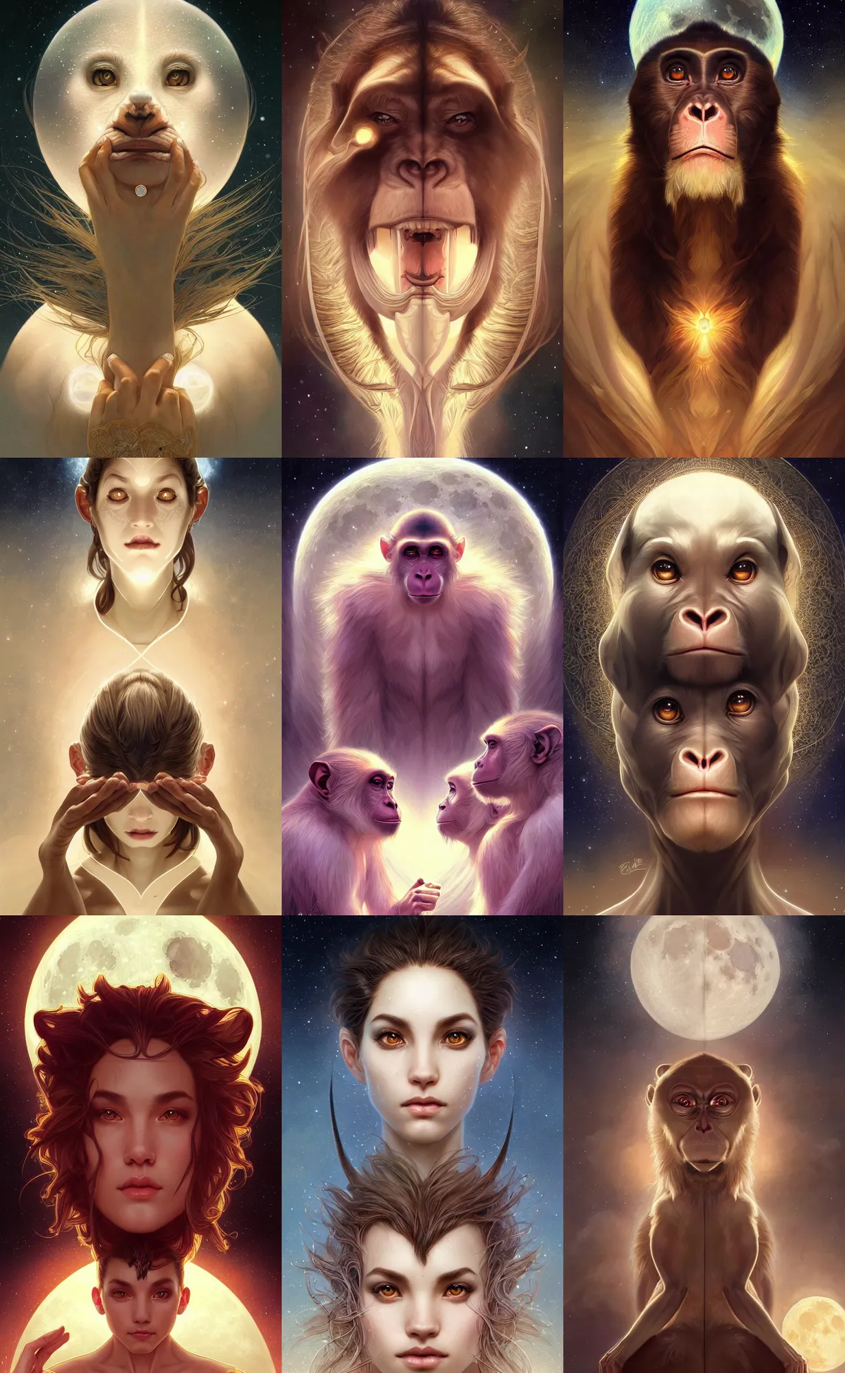 Image similar to symmetry!! ultra realistic portrait of primates! moon and galaxy in background!, intricate, elegant, highly detailed, digital painting, artstation, concept art, smooth, sharp focus, illustration, art by artgerm and ross tran and greg rutkowski and alphonse mucha, 8 k