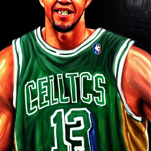 Prompt: portrait of mark wahlberg portraying boston celtics kevin garnett, oil on canvas by william sidney mont, trending on art station