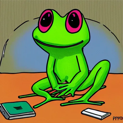 Image similar to peepo the frog!!!, crying!! on bed with laptop!!!,