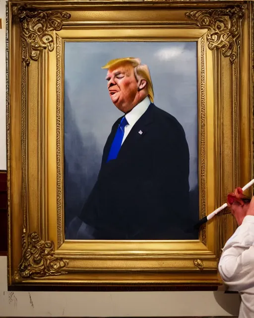 Image similar to a presidential portrait of donald trump in the style caricature artist oil painter sebastian kruger hanging on a wall at mar - a - largo