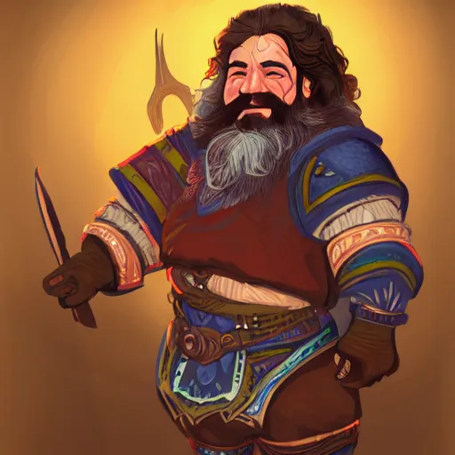 Image similar to dwarven male bard in a tavern, d & d style, trending on artstation, colorful, intricate, art by kev chan