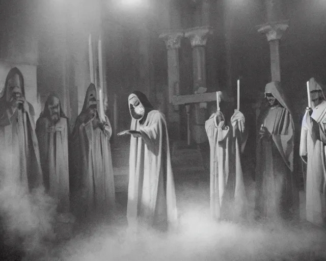 Image similar to a cultist ceremony, cultists with robes and masks, church interior, satanic church interior, the fog. horror lighting, found footage