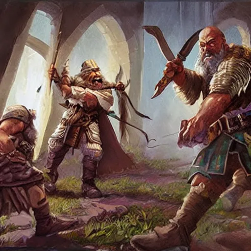 Image similar to DnD dwarves in gladitorial duel. Concept art by james gurney.