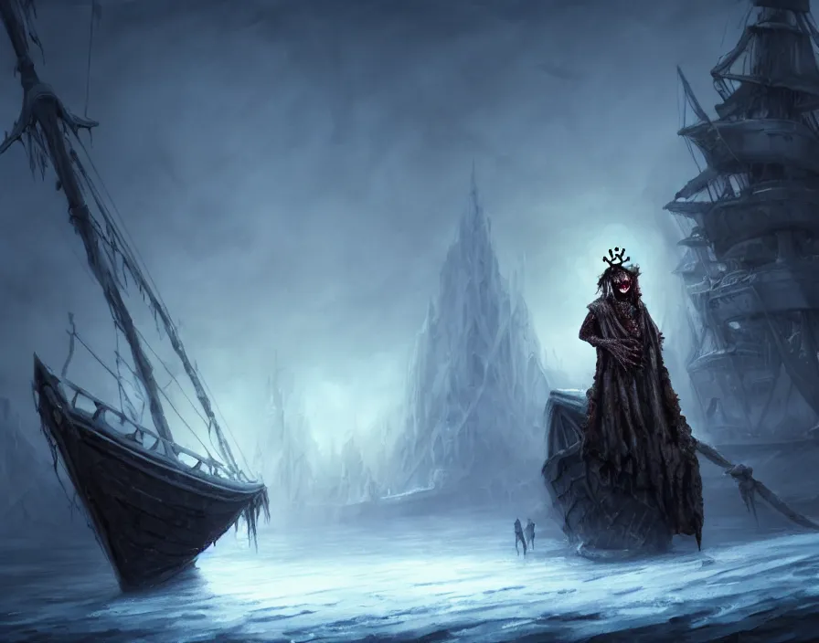 Image similar to a frozen zombie man with a crown, eyes are glowing, broken sailing ship boat in the background, is at dawn and bluish, fantasy, intricate, elegant, highly detailed, digital painting, artstation, concept art, matte, sharp focus, illustration, art by aenaluck and roberto ferri and greg rutkowski, epic fantasy, digital painting