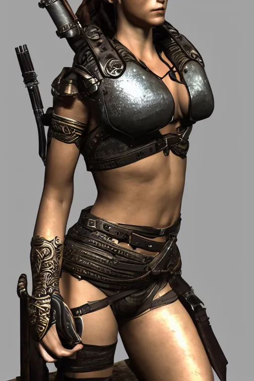 Image similar to hyper realistic glorious ancient celtic lara croft in a obsidian metal armor, futuristic design, designed by makoto kobayashi and luca zampriolo, portrait, cyberpunk style, wood and gold details, intricate, extremely detailed, ornate, deep of field, hard surface, exoskeleton, substance designer metal