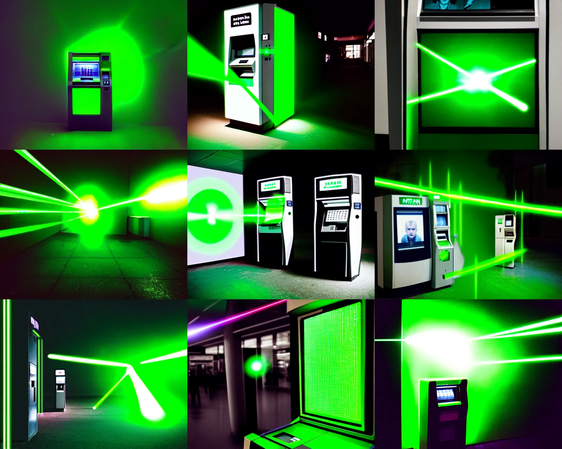 Prompt: photo of many green laser beams shooting out in all directions from the screen of an atm machine, the screen has a face of a person, medium wide shot, in the style of juergen teller