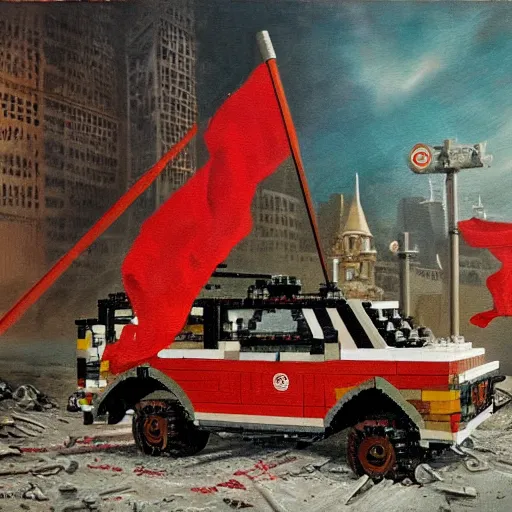 Prompt: a lego toy with red flag in a post-apocalyptic soviet city, oil on canvas, by ivan shishkin