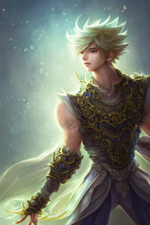 Image similar to fullbody portrait of a male fit hero with strange hairs, soft smile, baroque cloth, luminous scene, final fantasy and league of legends champion, by chengwei pan and sakimichan, gradient white to gold, in front of an iridescent magical building background, highly detailed portrait, digital painting, smooth, focus illustration