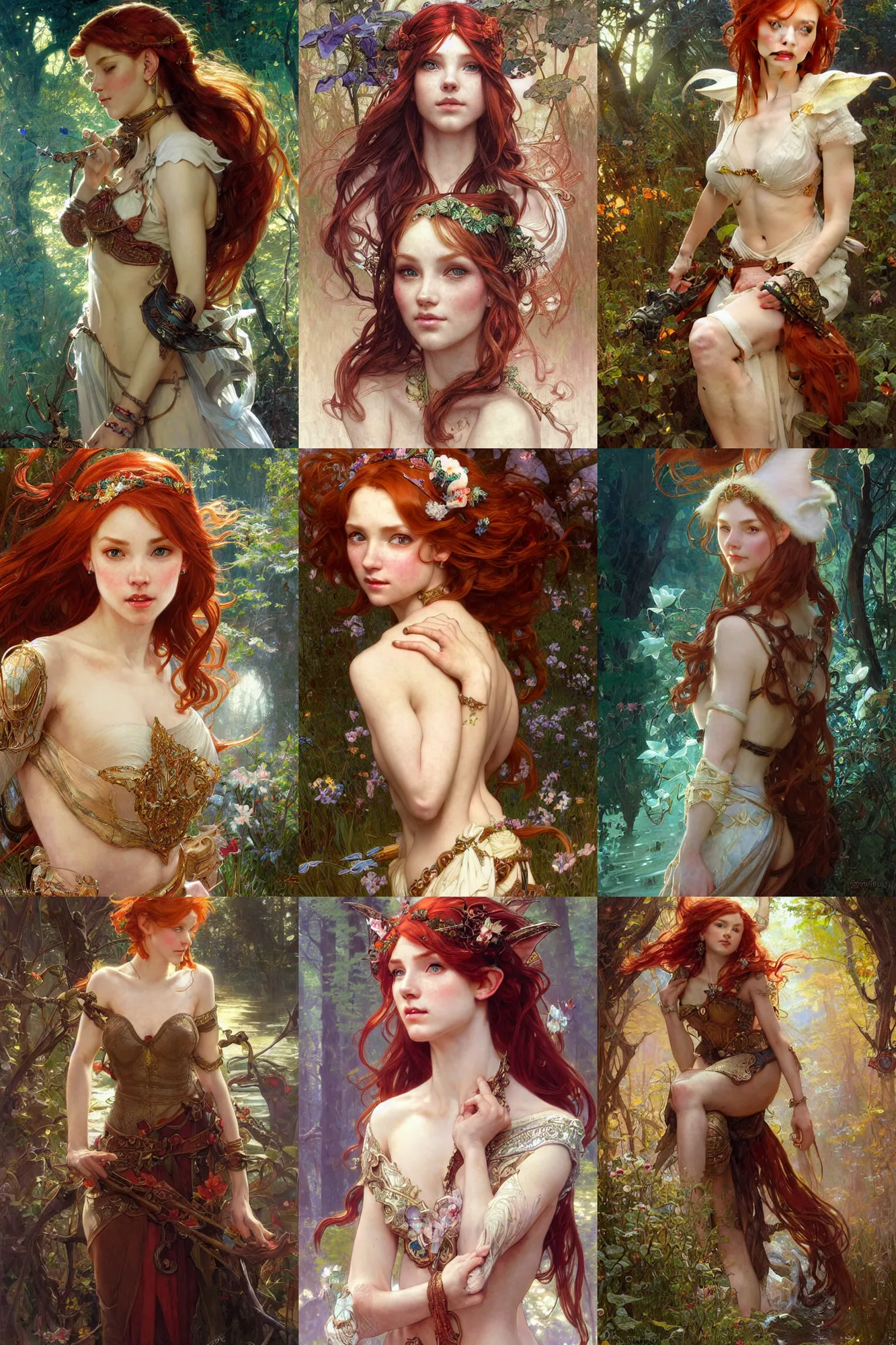 Prompt: portrait of beautiful high-fantasy elf girl (redhead), intricate details, by Stanley Artgerm Lau, by greg rutkowski, by thomas kindkade, by alphonse mucha, loish, by norman rockwell J.