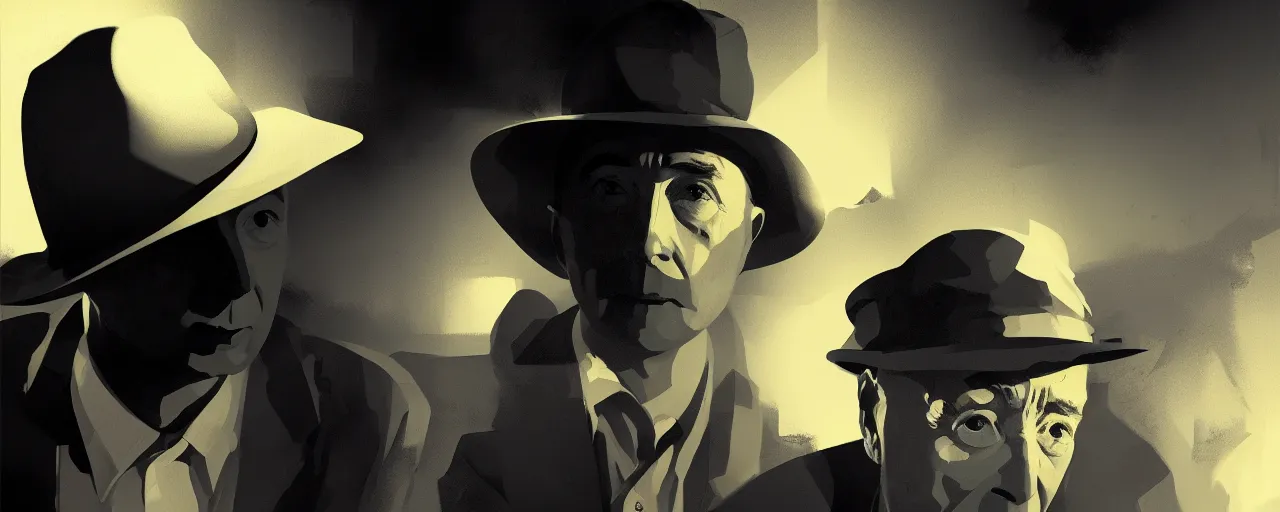 Image similar to duotone noir dark 3 / 4 portrait of j robert oppenheimer in hat with atomic background. cinematic scene film noir. volumetric lighting. golden rario accidental renaissance. by sachin teng and sergey kolesov and ruan jia and heng z. graffiti art, scifi, fantasy, hyper detailed. octane render. concept art. trending on artstation