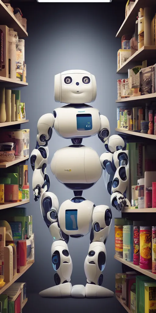 Image similar to Obese Robot who can't reach the top shelf of her cupboard to get her soup, detailed dynamic lighting studio shot