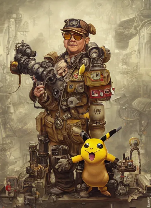 Image similar to high intricate painting of pikachu, dieselpunk, full shot, neil gaiman, maria panfilova, andrea savchenko, mike kime, ludovic plouffe, qi sheng luo, oliver cook, julian calle, eddie mendoza, trending on artstation