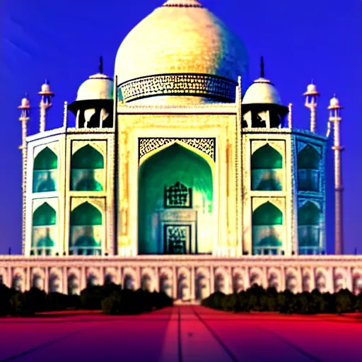 Image similar to futuristic taj mahal painted in rainbow colors. photorealistic. brightly lit scene. this 4 k hd image is trending on artstation, featured on behance, well - rendered, extra crisp, features intricate detail, epic composition and the style of unreal engine.