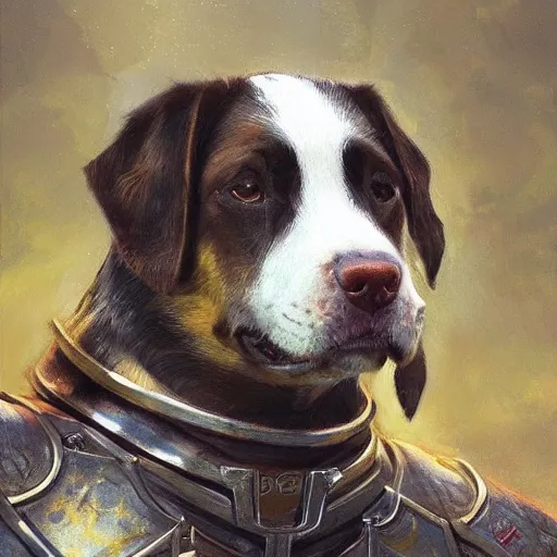 Prompt: doggo animal as a realistic fantasy knight, closeup portrait art by donato giancola and greg rutkowski, digital art, trending on artstation, symmetry!!