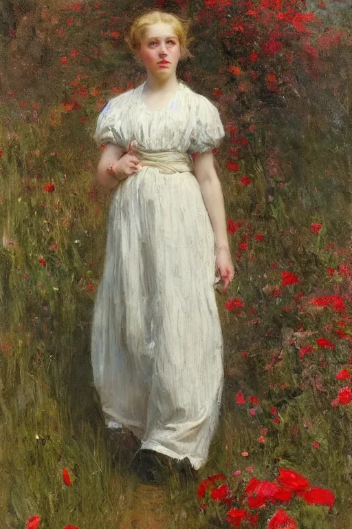 Prompt: Solomon Joseph Solomon and Richard Schmid and Jeremy Lipking victorian genre painting full length portrait painting of a young cottagecore walking in an open field of flowers, red background