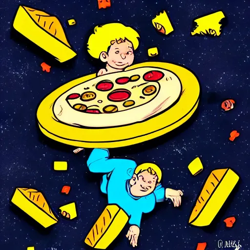 Image similar to an old comic book style drawing of a little boy flying through space eating pizza and cheese, where the planets are candy, hd, trending on artstation