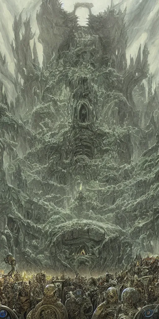 Image similar to Artwork by John Howe of the cinematic view of the Great Sanctum of Annihilation.