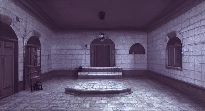 Image similar to final fantasy 7 background, pre-rendered, cinematic lighting, creepy vampire mansion interior