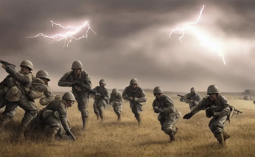 Image similar to highly detailed, high resolution, character design art, stunning, volumetric lightning, shot in normandy, from save private ryan movie, matte, sharp focus, 150mm, illustration, artstation, by kuvshinov ilya, realistic human anatomy, simple design, ww2 era guns, realistic soldiers