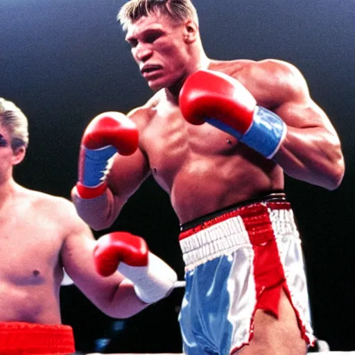 Image similar to mike tyson boxing ivan drago in a boxing ring in the movie rocky ii. movie still