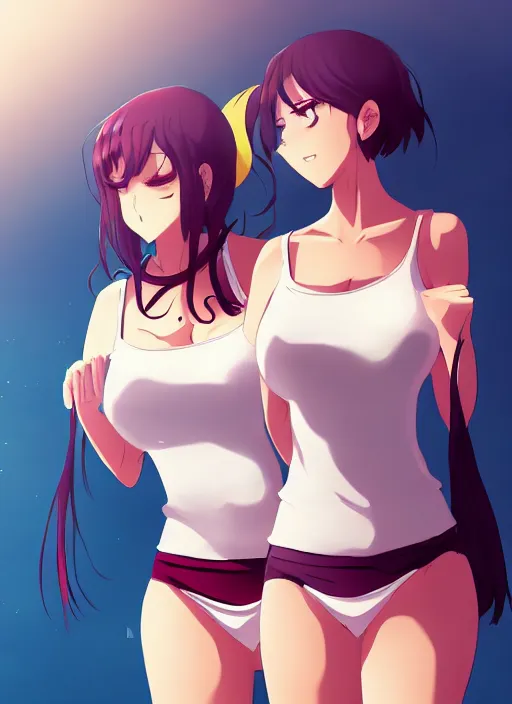 Image similar to two beautiful female teachers taunting each other, in summer clothes, gorgeous faces, smooth, thick lines, cinematic lighting, detailed anime art