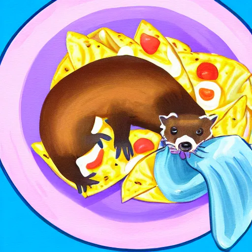 Prompt: a ferret eating a huge plate of nachos with enthusiasm, digital painting