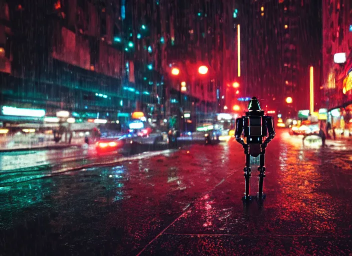 Image similar to a kodachrome photo of a tall huge metallic cyborg droid android with glowing lights, running sprinting on a rainy night in the city in the 1 9 5 0's, dramatic, seen from a distance, canon 5 0 mm, cinematic lighting, film, photography, award - winning, neon, cyberpunk, blade runner