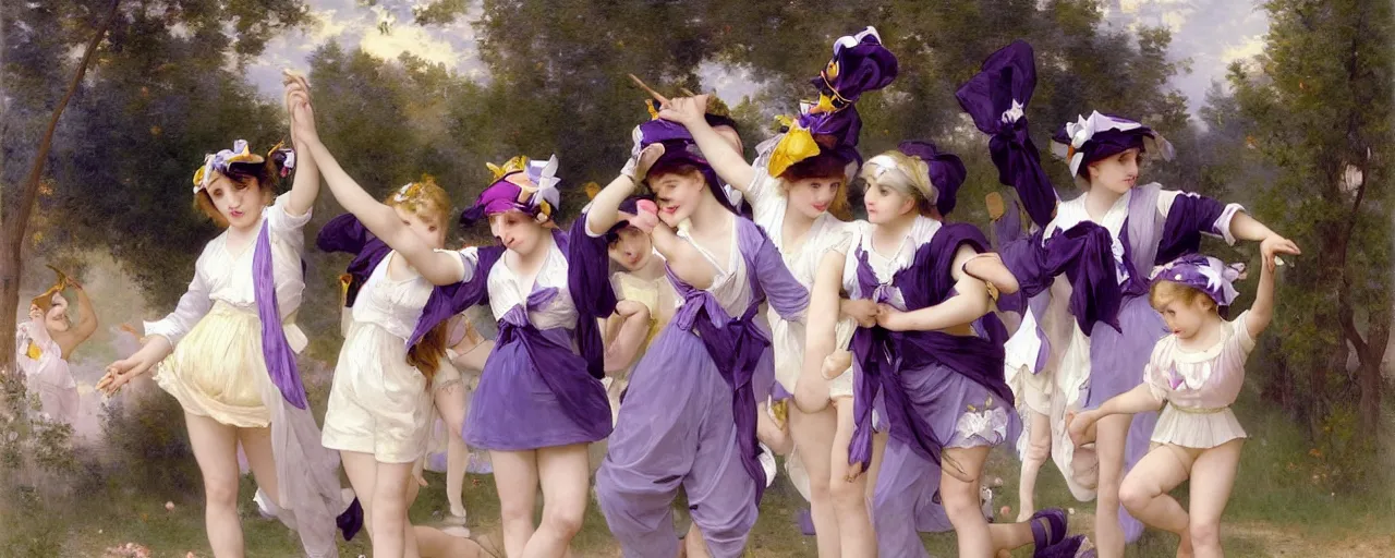 Prompt: A character sheet of full body cute magical girls with short blond hair wearing an oversized purple Beret, Baggy Purple overall shorts, Short Puffy pants made of silk, pointy jester shoes, a big billowy scarf, Golden Ribbon, and white leggings Covered in stars. Short Hair. Sunlit. Haute Couture. Art by william-adolphe bouguereau and Paul Delaroche and Alexandre Cabanel and Lawrence Alma-Tadema and Johannes Helgeson. Smooth. Elegant. Highly Detailed. Intricate. 4K. UHD. Denoise.