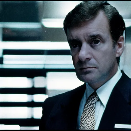 Image similar to 1 9 8 0 s film still portrait of a stern looking executive manager, corporate headshot, science fiction atmosphere, suit uniform, ridley scott, film still, screenshot of a movie