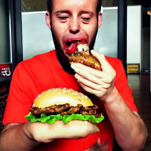 Image similar to he is eating a burger. he is eating it with his hands. he is eating it with his mouth. he is eating it with his teeth. he is eating it with his tongue. he is eating it with his lips. he is eating it with his cheeks