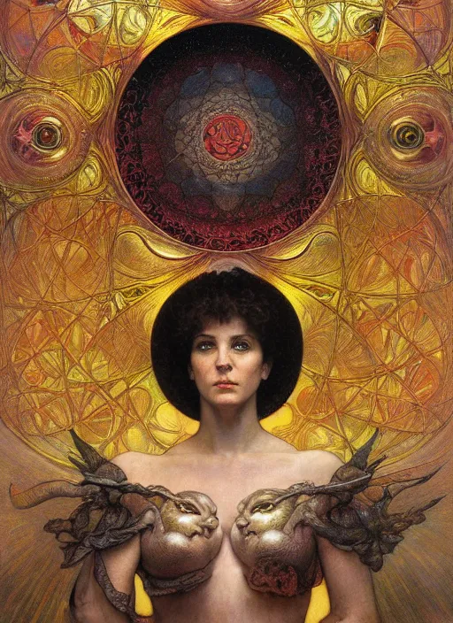 Prompt: hyper realistic painting of the kaleidoscope of mirror that reflects the self in his golden chamber in the style of wayne barlowe, gustav moreau, goward, gaston bussiere and roberto ferri, santiago caruso, and austin osman spare, bouguereau, alphonse mucha, saturno butto. occult art