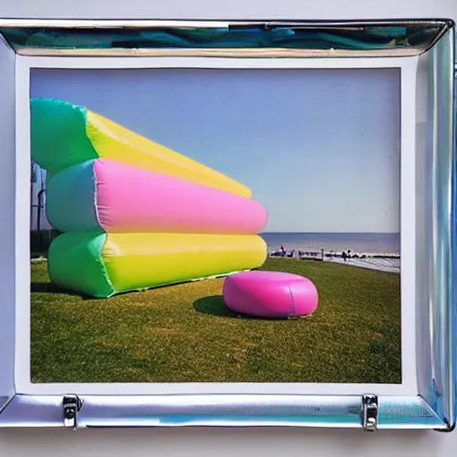 Prompt: a pastel colour high fidelity wide angle Polaroid art photo from a holiday album at a seaside with abstract inflatable parachute furniture, all objects made of transparent iridescent Perspex and metallic silver, a grid of sun beds iridescence, nostalgic