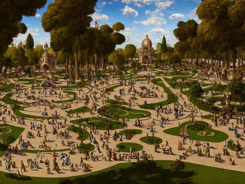 Prompt: a busy elaborate ornate outdoor park designed by leonardo da vinci, cinematic, shadows, partly cloudy day, 4 k, detailed, by