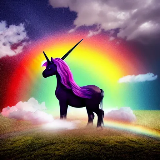 Image similar to a unicorn with a rainbow horn stood on top of a rainbow in the clouds, cinematic lighting, volumetric clouds, amazing light, award winning, ethereal, magical, photorealistic